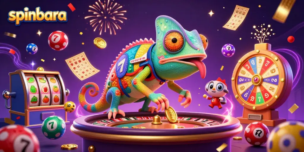 Experience the thrill of Spinbara Casino with a vibrant 3D illustration of games and color!