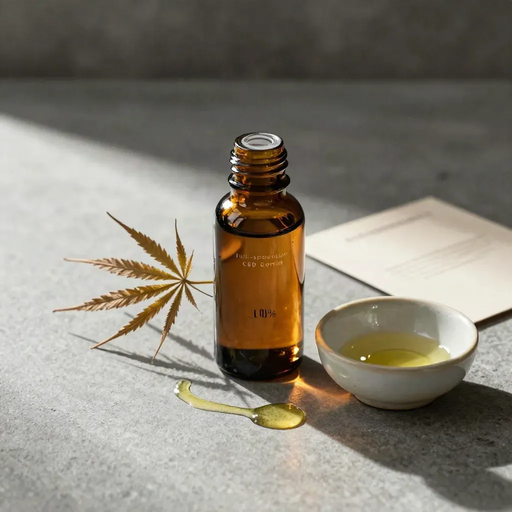 Frasco de aceite CBD con rama de cáñamo, cuenco cerámico y gota brillante sobre piedra.
