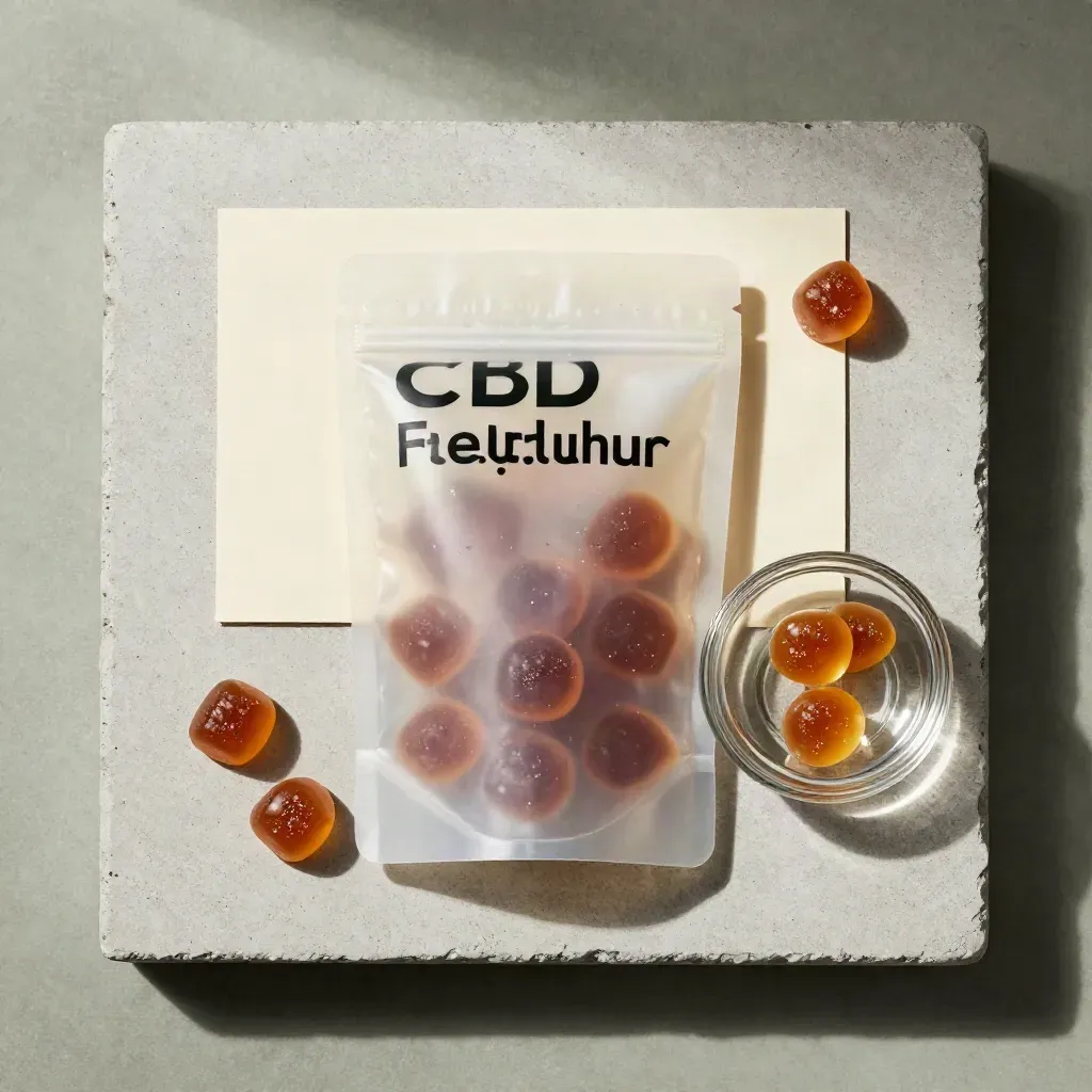 Bolsa de gominolas CBD con piezas cortadas y cuenco de vidrio sobre piedra gris.