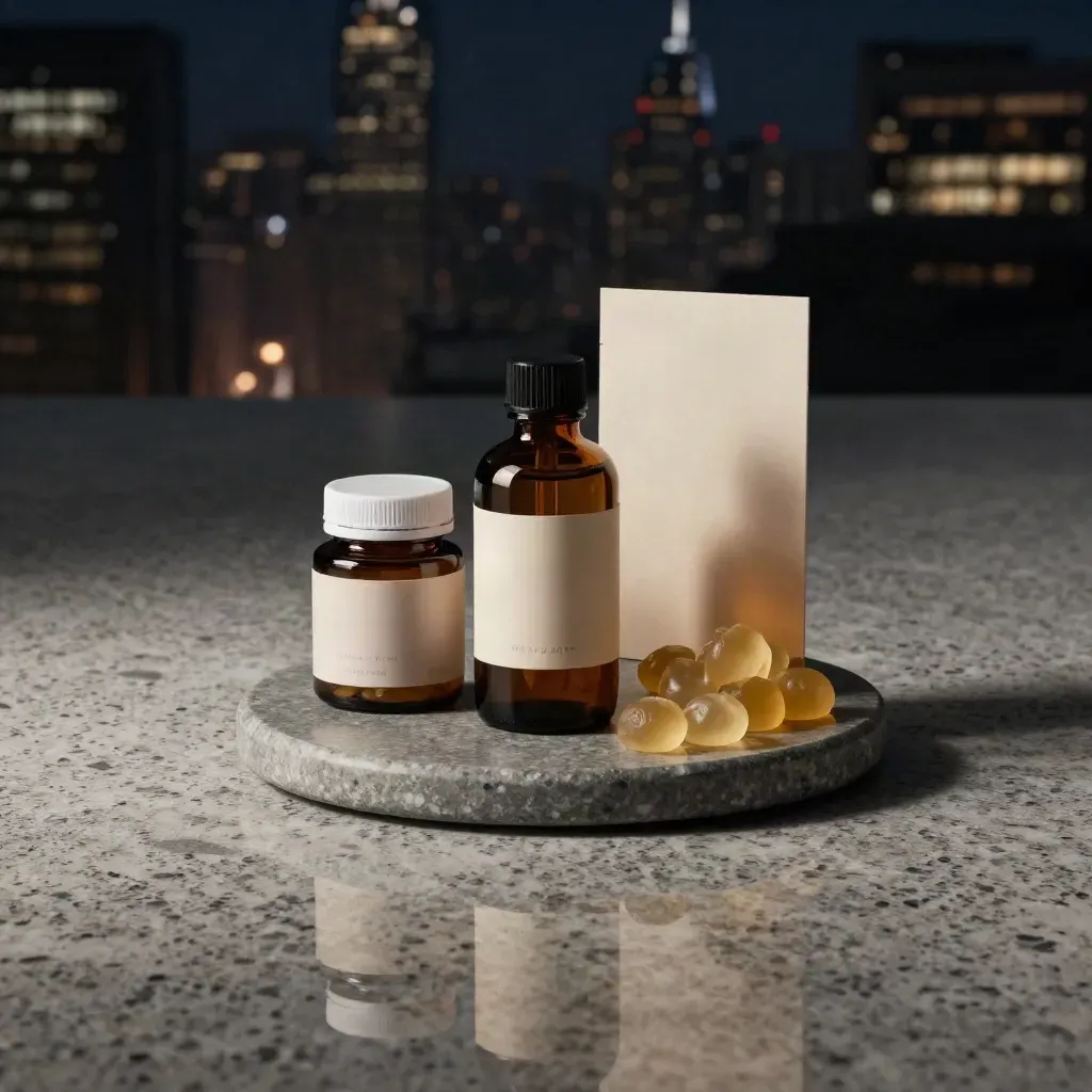 Pack de noche CBD con aceite, cápsulas y gominolas sobre travertino oscuro.