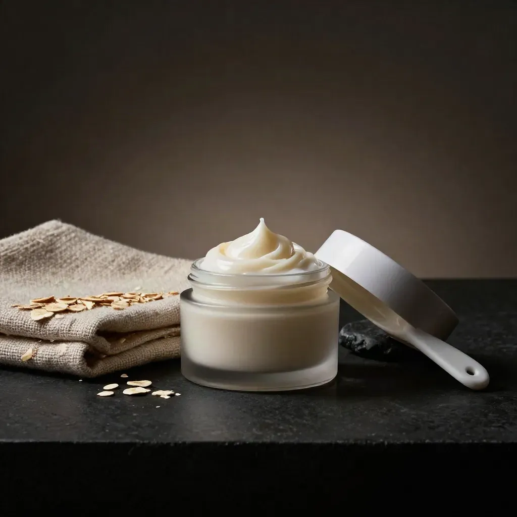 Tarro de crema CBD abierto con espátula cerámica, lino y piedra oscura en luz dramática.