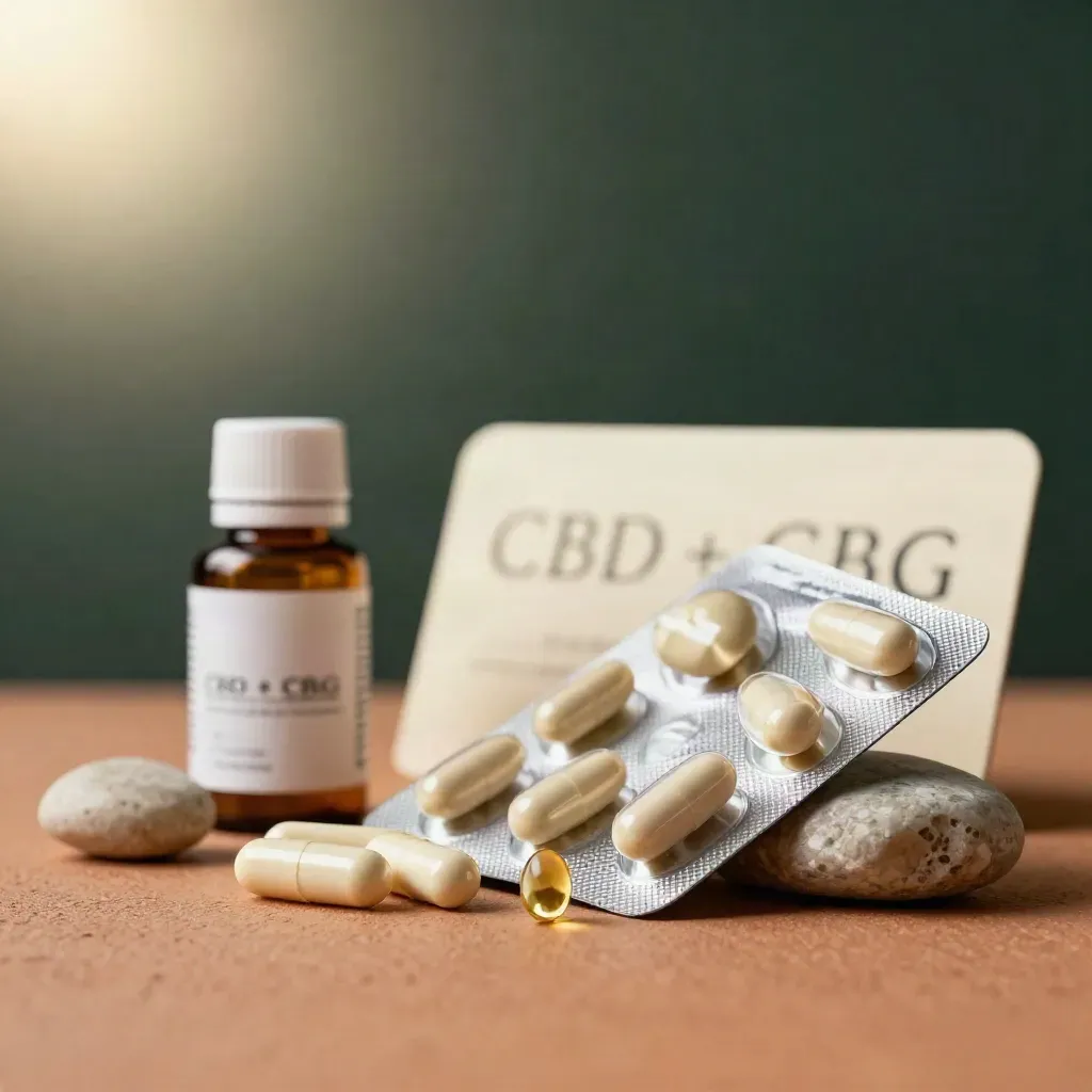 Blíster opaco de cápsulas CBD+CBG, frasco pequeño y una cápsula cayendo sobre piedra pulida.