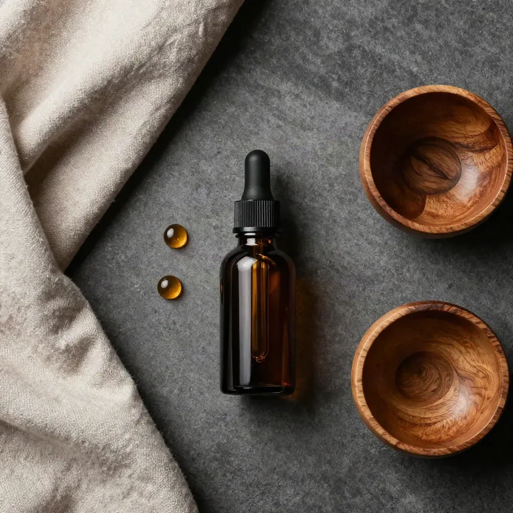 Frasco oscuro de aceite CBD con gotas, lino y cuenco de madera sobre concreto mate.