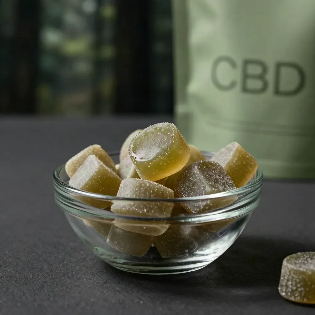 Gominolas CBD en cuenco de vidrio ahumado con bolsa discreta y brillo nocturno verde oliva.