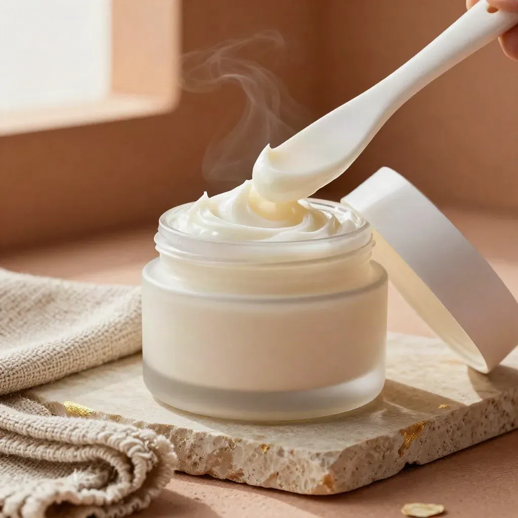 Tarro de crema CBD con espátula de cerámica, lino y piedra clara en luz suave.