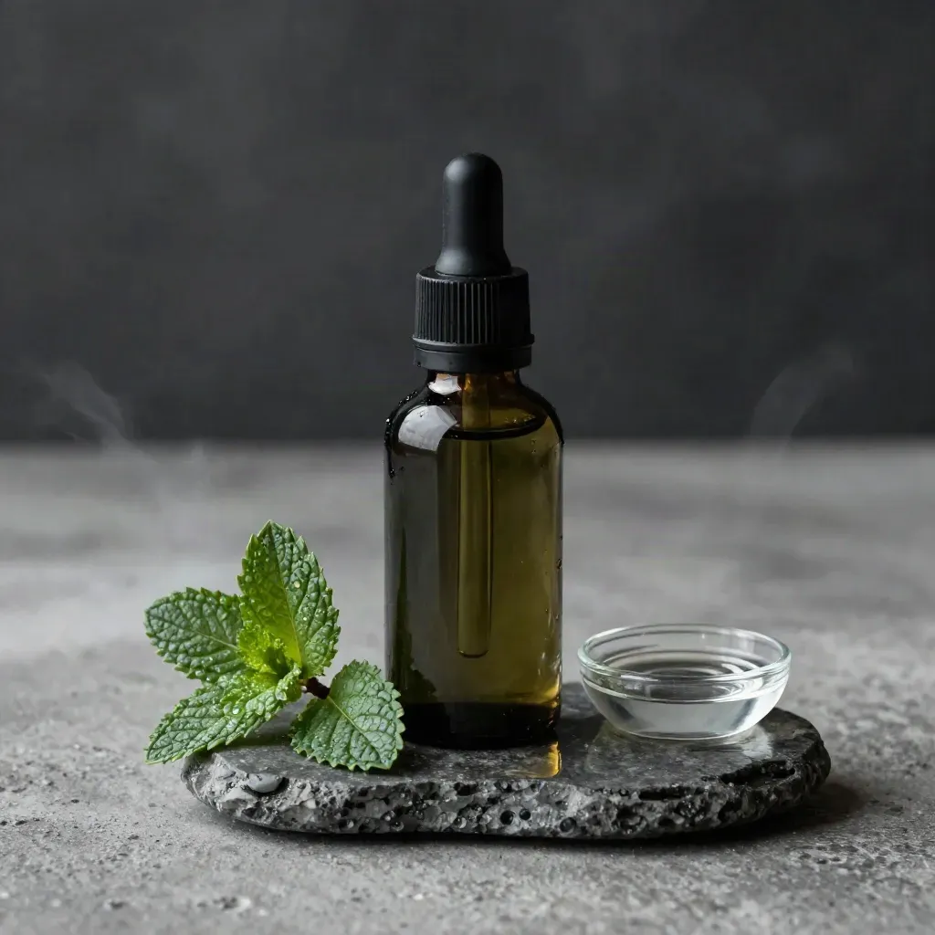 Botella verde oscuro de aceite CBD de menta con hojas frescas y piedra mojada, luz dramática.
