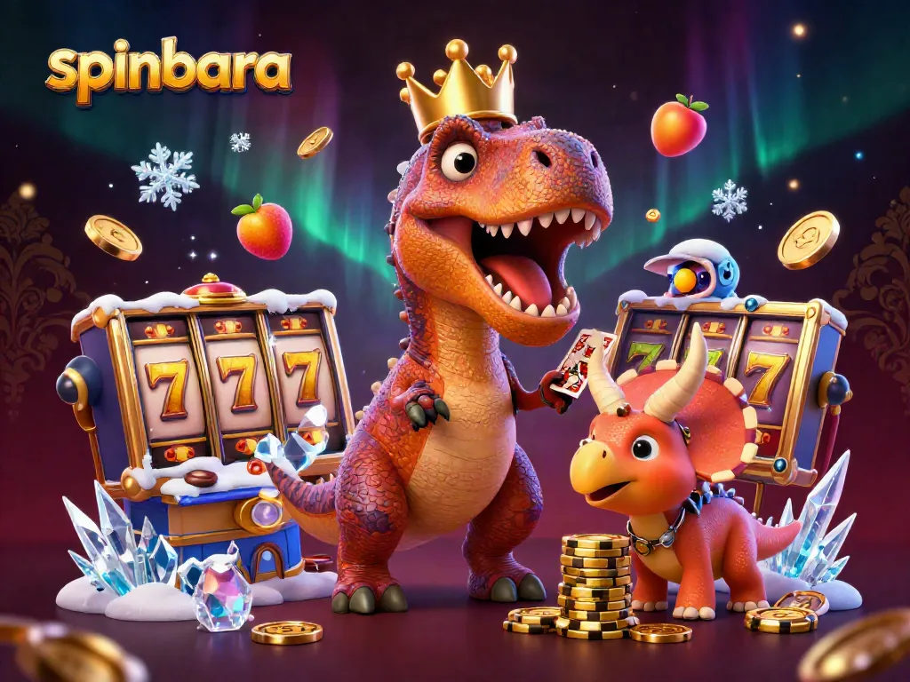 Engage with spinbara's thrilling slots featuring a dinosaur card dealer scene.