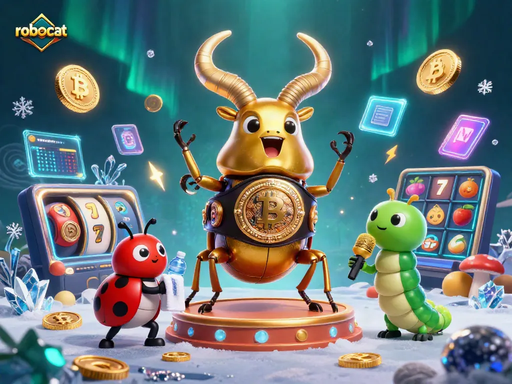 Robocat engages in a dynamic casino battle with glowing cryptocurrency elements and slot machines.