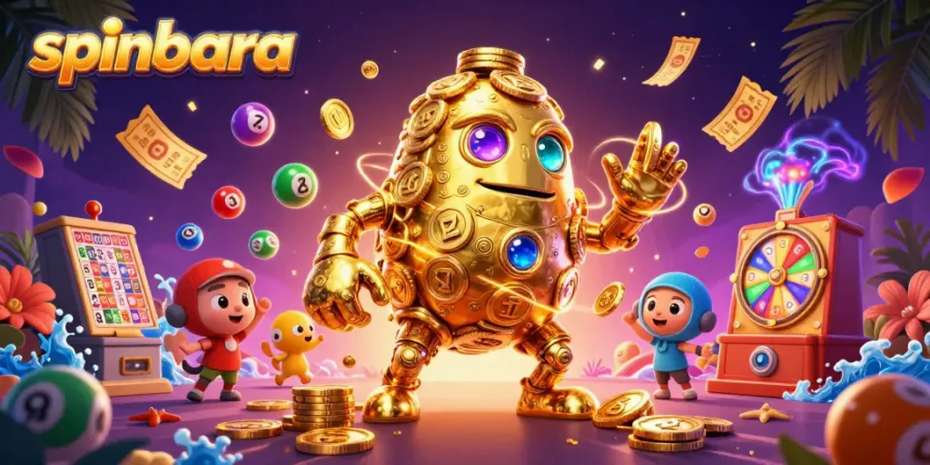 Win big at Spinbara with vibrant lottery elements and enchanting casino characters.